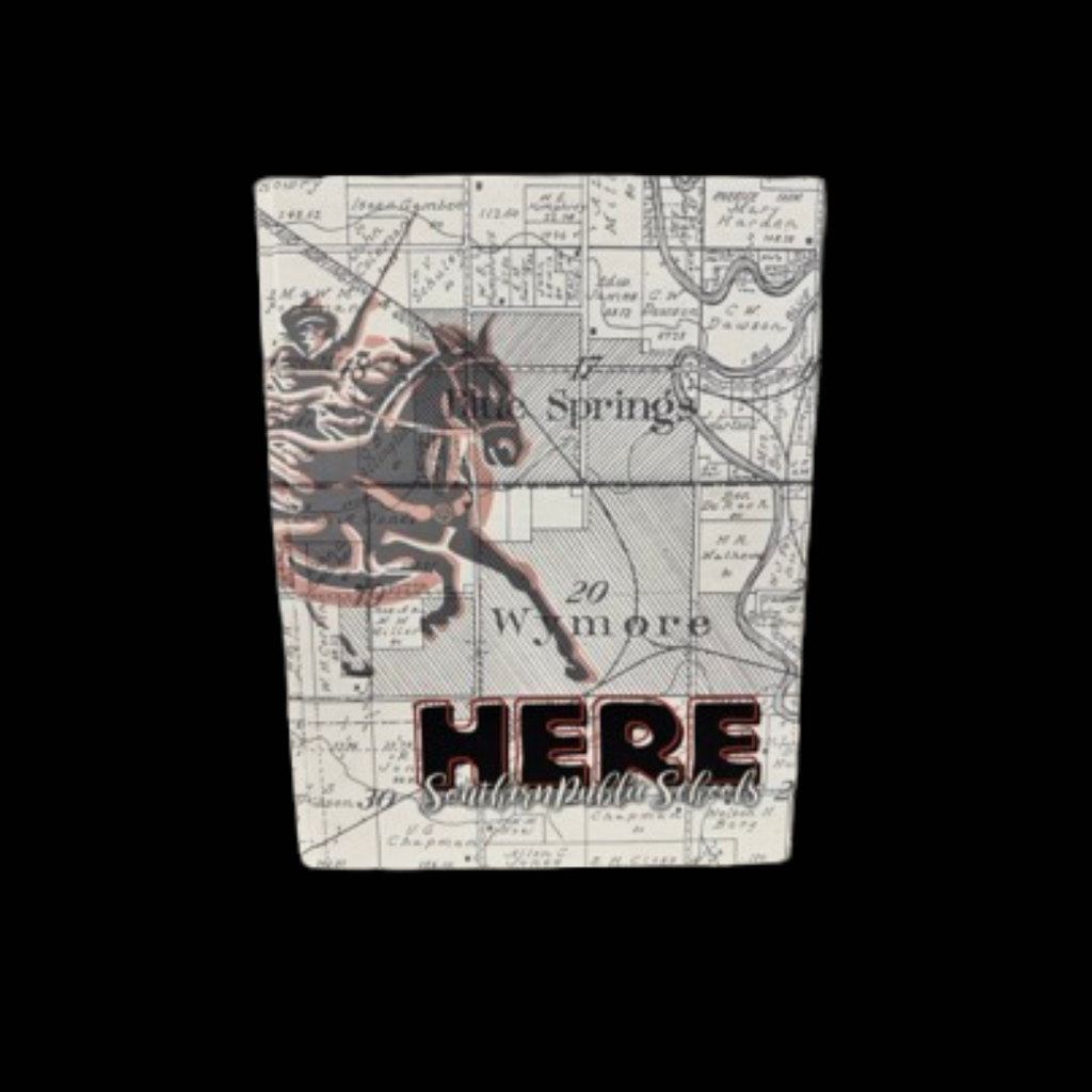 2025–26 Southern Legend yearbook cover featuring a vintage map of the Wymore area, a Southern Raider graphic, and the theme “HERE.”