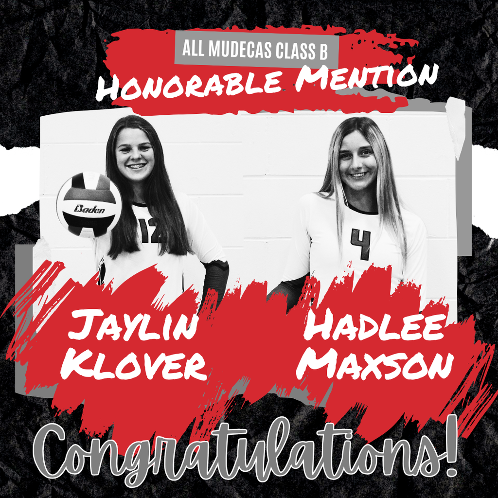 Graphic congratulating Jaylin Klover and Hadlee Maxson for earning All-MUDECAS Class B Honorable Mention in volleyball. The graphic features black-and-white photos of both Southern volleyball players with red, black, white, and gray accents.