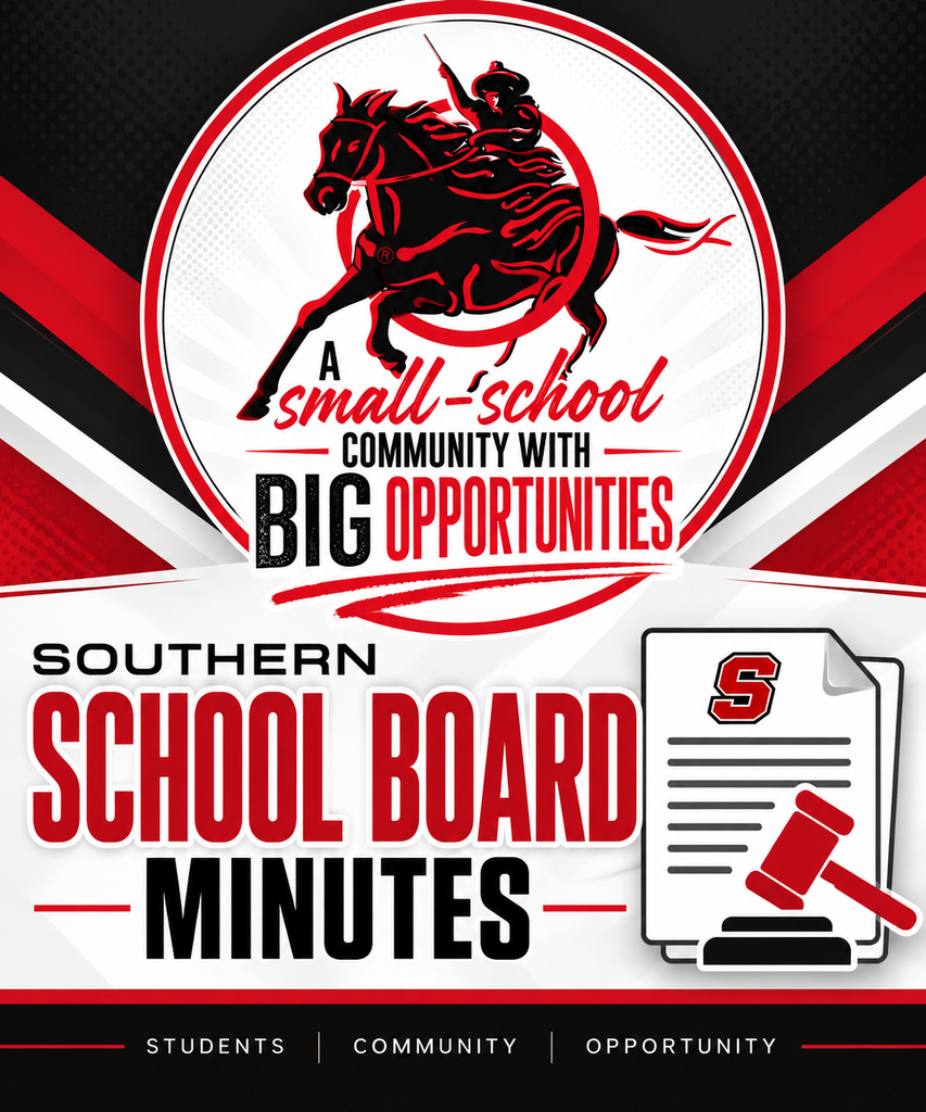 Southern Public Schools graphic in red, black, and white featuring the Southern Raider mascot and the district motto, “A Small-School Community with Big Opportunities.” Large text reads “Southern School Board Minutes,” with a document and gavel graphic.