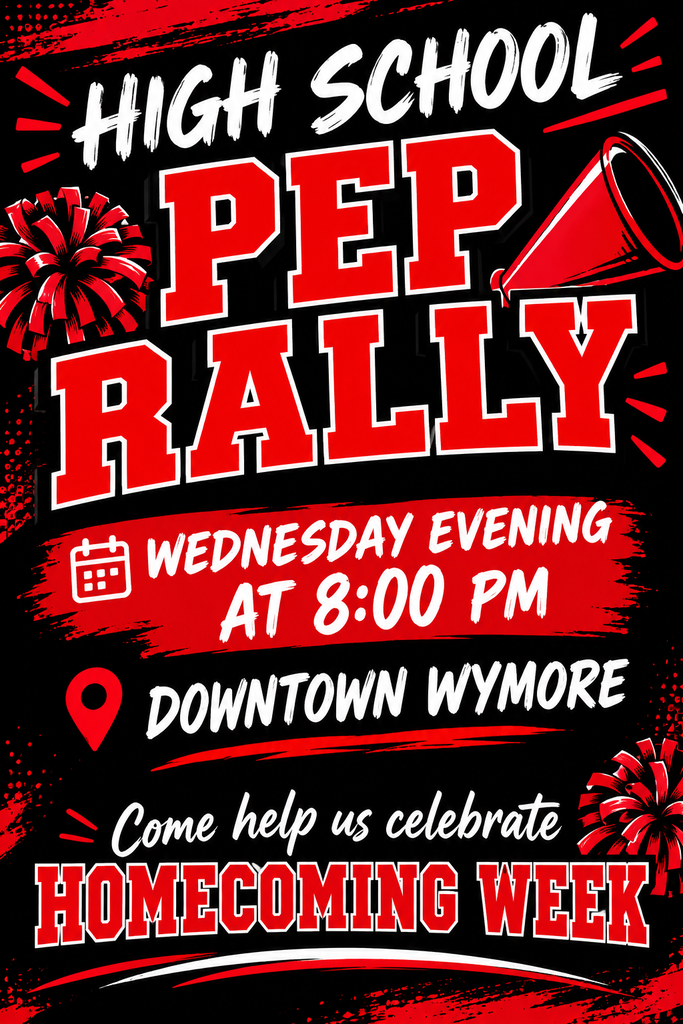 This is a flyer for a pep rally for homecoming written in read with black background