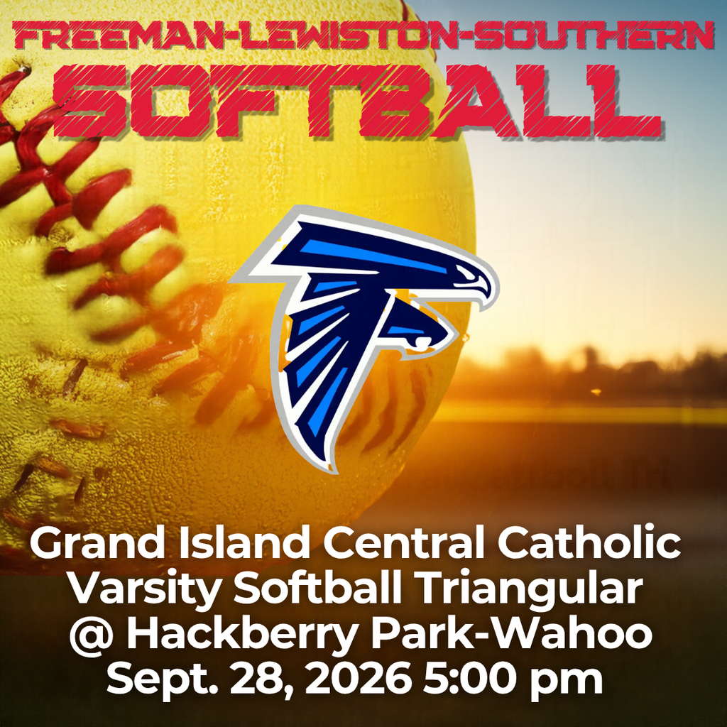 Graphic promoting a Grand Island Central Catholic varsity softball triangular at Hackberry Park in Wahoo on September 28, 2026, at 5:00 p.m. The design features a large softball, the Central Catholic Falcons logo, and bold red and white lettering.