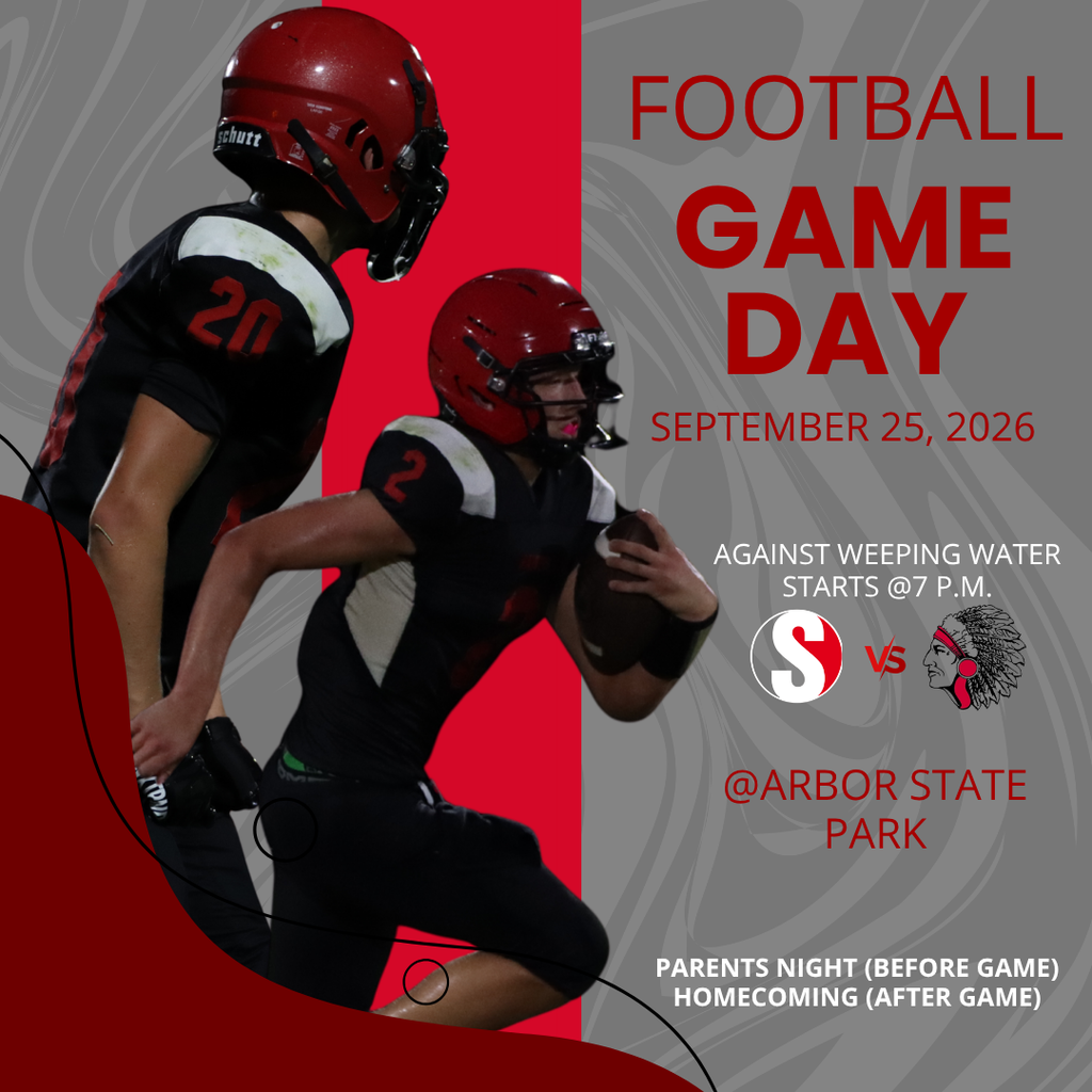 A football game-day poster featuring two players in black uniforms with red helmets, including player numbers 20 and 2. The design has a gray patterned background, a bold red vertical section, and red-and-black graphics. Large text reads “FOOTBALL GAME DAY” and “SEPTEMBER 25, 2026.” Additional text announces “AGAINST WEEPING WATER STARTS @ 7 P.M.,” the location “@ ARBOR STATE PARK,” and “PARENTS NIGHT (BEFORE GAME) HOMECOMING (AFTER GAME).” Team logos appear near the center.