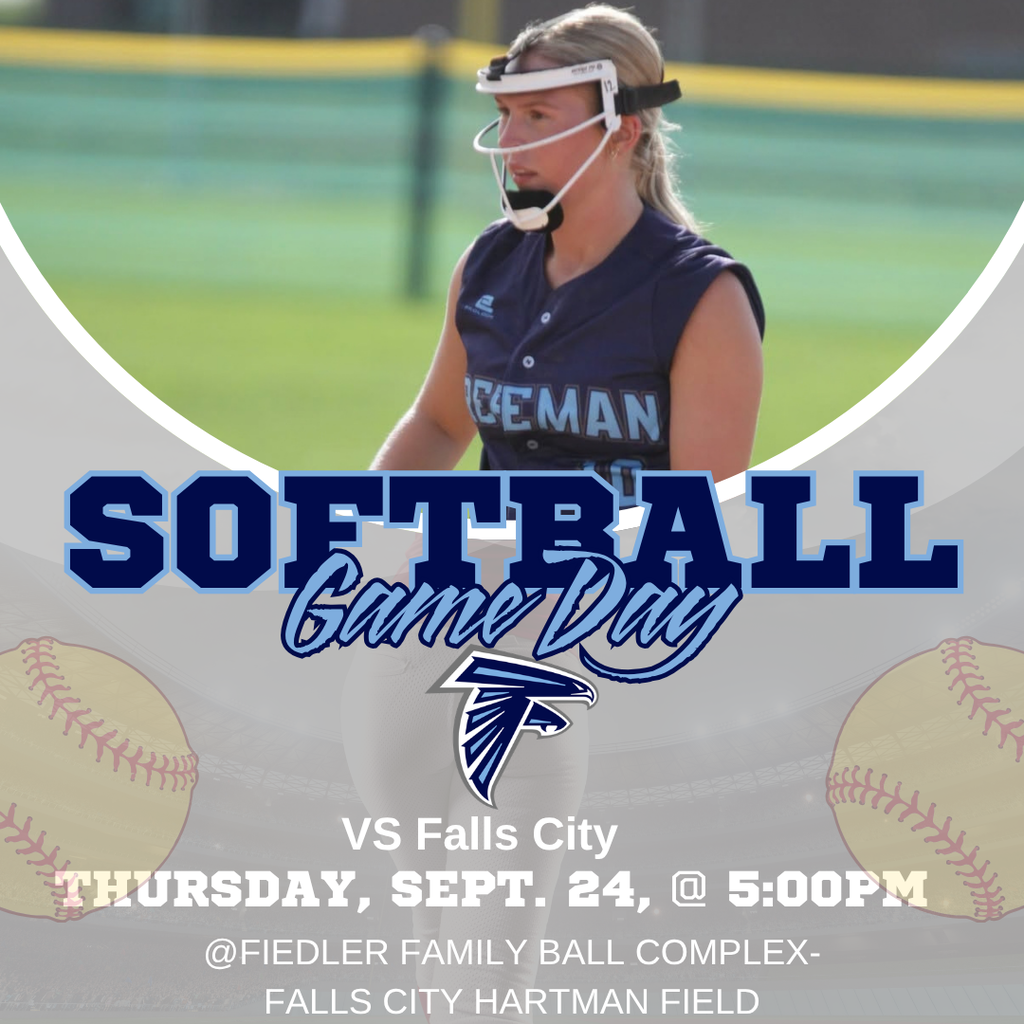 A softball game day graphic featuring a female softball player wearing a navy jersey and protective face mask on a softball field. Large navy and light blue text reads “SOFTBALL” with “Game Day” in script underneath. A falcon logo is centered below the title, followed by “VS Falls City.” The graphic announces Thursday, September 24, at 6:00 PM, at Fiedler Family Ball Complex — Falls City Hartman Field. Faded softball images and a gray stadium background complete the design.