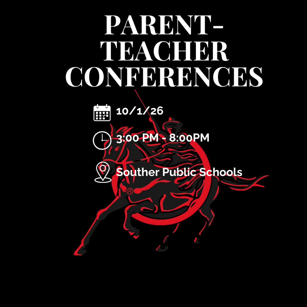 Graphic announcing Parent-Teacher Conferences at Souther Public Schools. Conferences are on September 1, 2026, from 3:00 PM to 8:00 PM. The design features a black background with large white text and a red-and-black bull graphic.