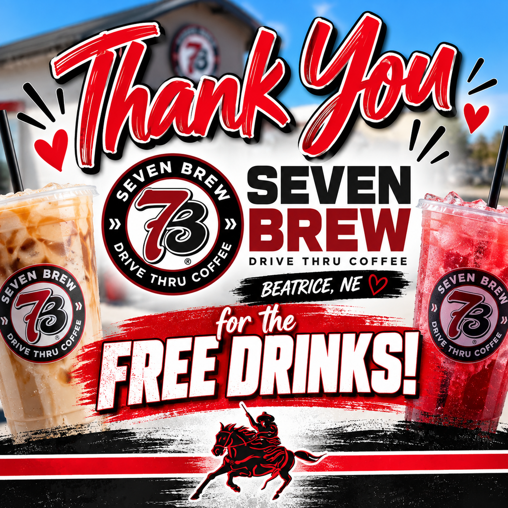 Red, black, and white Southern Raiders thank-you graphic featuring two specialty drinks and 7 Brew branding. Large text reads, “Thank You Seven Brew, Beatrice, NE, for the Free Drinks!” with the Southern Raider mascot at the bottom.