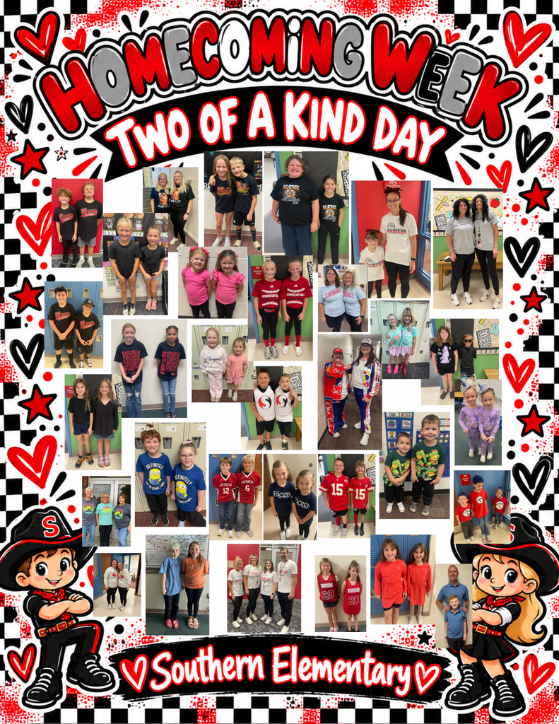 Visual description: A vertical 8.5 × 11-inch Homecoming Week graphic for Southern Elementary in red, black, white, and gray. Across the top, large playful lettering reads “HOMECOMING WEEK”, with “TWO OF A KIND DAY” underneath on a black banner. The center is a large open white space designed for adding photos. The border has a fun black-and-white checkerboard pattern with red paint splatters, hand-drawn hearts, stars, dots, and other playful accents. At the bottom corners are two cute cartoon Raider-style characters—a boy and a girl wearing black cowboy hats with a red “S” and matching red-and-black outfits. A black brushstroke banner along the bottom reads “Southern Elementary” in white and red lettering, with hearts on each side. with students and staff pictures who participated