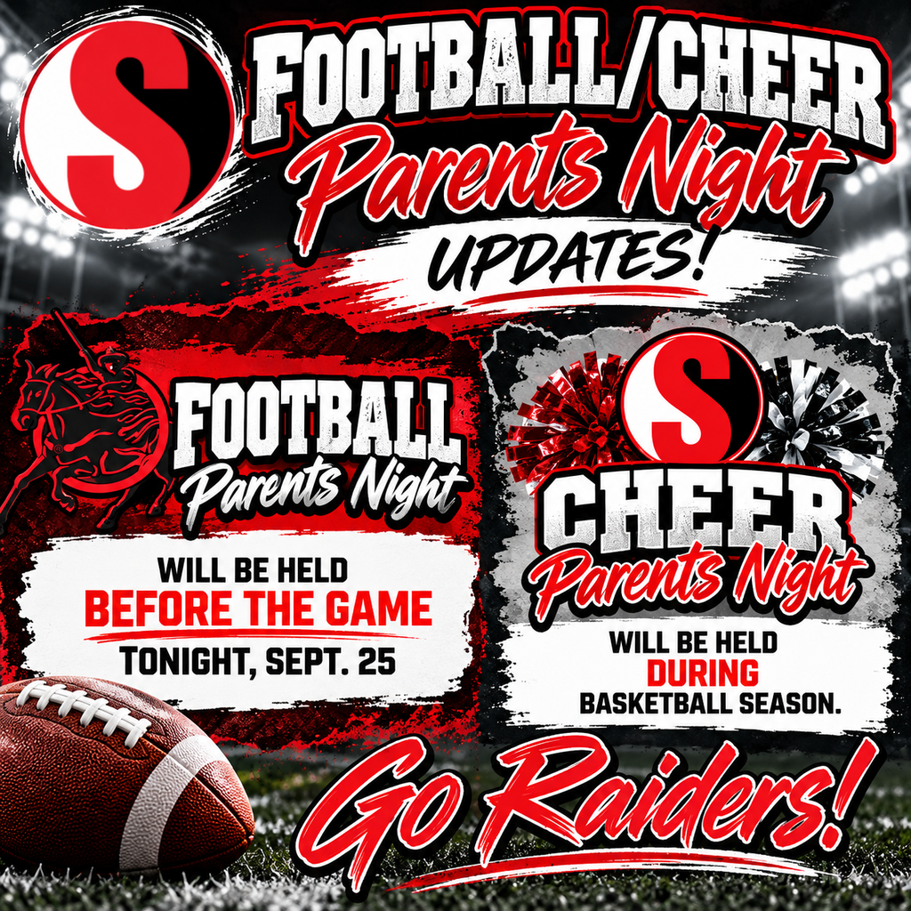 Football/Cheer Parents Night update graphic. Football Parents Night will be held before the game tonight, Sept. 25. Cheer Parents Night will be held during basketball season. Graphic features Southern logos in red, black, and white with football and cheer elements.