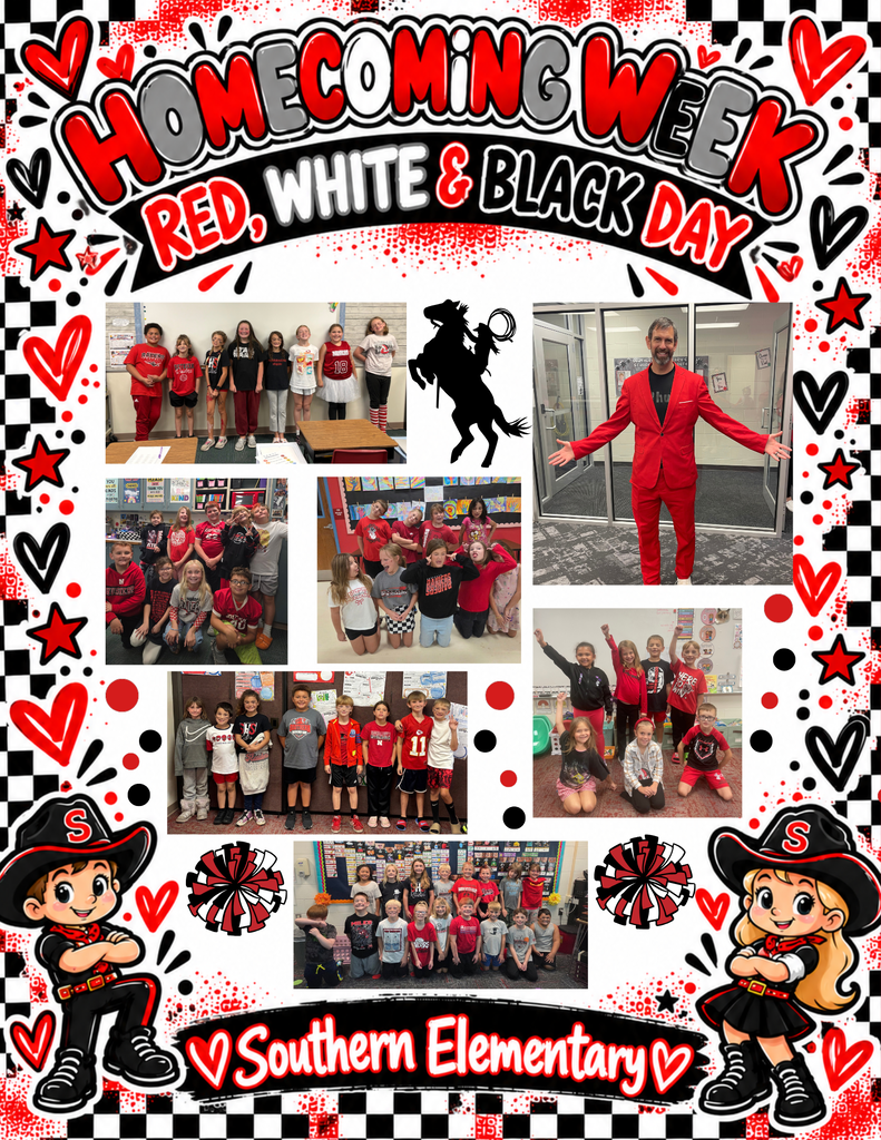 A bright, energetic Southern Elementary Homecoming Week collage celebrating “Red, White & Black Day.” The design uses Southern’s school colors of red, white, and black, with a bold checkerboard and paint-splatter border decorated with hearts, stars, dots, and playful doodles. Across the top, large bubble letters read “HOMECOMING WEEK,” with a black banner underneath that says “RED, WHITE & BLACK DAY.” The center features several photos of Southern Elementary students and staff dressed in red, white, and black for Spirit Week. One staff member is pictured wearing a bright red suit, and groups of students smile and pose together in classrooms. A black silhouette of a Raider riding a horse appears near the center. At the bottom are cute cartoon boy and girl Raider characters, red, white, and black pom-poms, and additional decorative hearts. A large black banner across the bottom reads “Southern Elementary.” The overall design is cheerful, school-spirited, and celebrates students and staff participating in Homecoming Week.