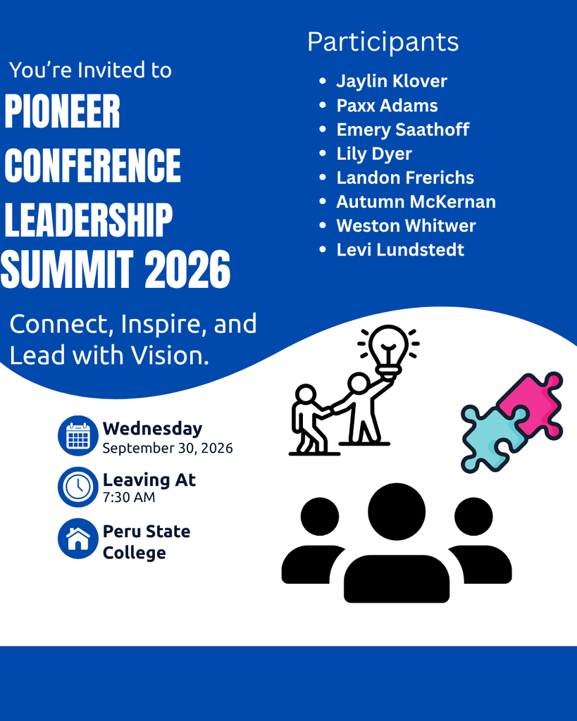 A blue and white flyer inviting students to the Pioneer Conference Leadership Summit 2026. It lists eight participants, the theme “Connect, Inspire, and Lead with Vision,” and details for Wednesday, September 30, 2026, leaving at 7:30 AM for Peru State College. Leadership-themed graphics include people, a lightbulb, puzzle pieces, and a group icon.