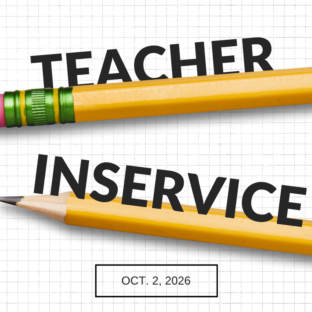 Graphic announcing a Teacher In-Service Day on October 2, 2026, featuring two yellow pencils on a white grid background with the words “TEACHER IN SERVICE” in large black letters.