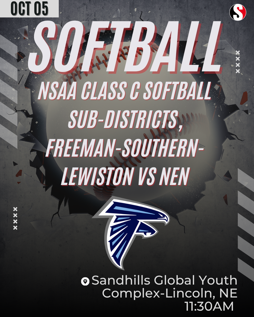 NSAA Class C Softball Sub-District graphic for Freeman-Southern-Lewiston vs. NEN on Oct. 5 at 11:30 AM at Sandhills Global Youth Complex in Lincoln, Nebraska. The graphic features a large softball, Falcons logo, and Southern logo.