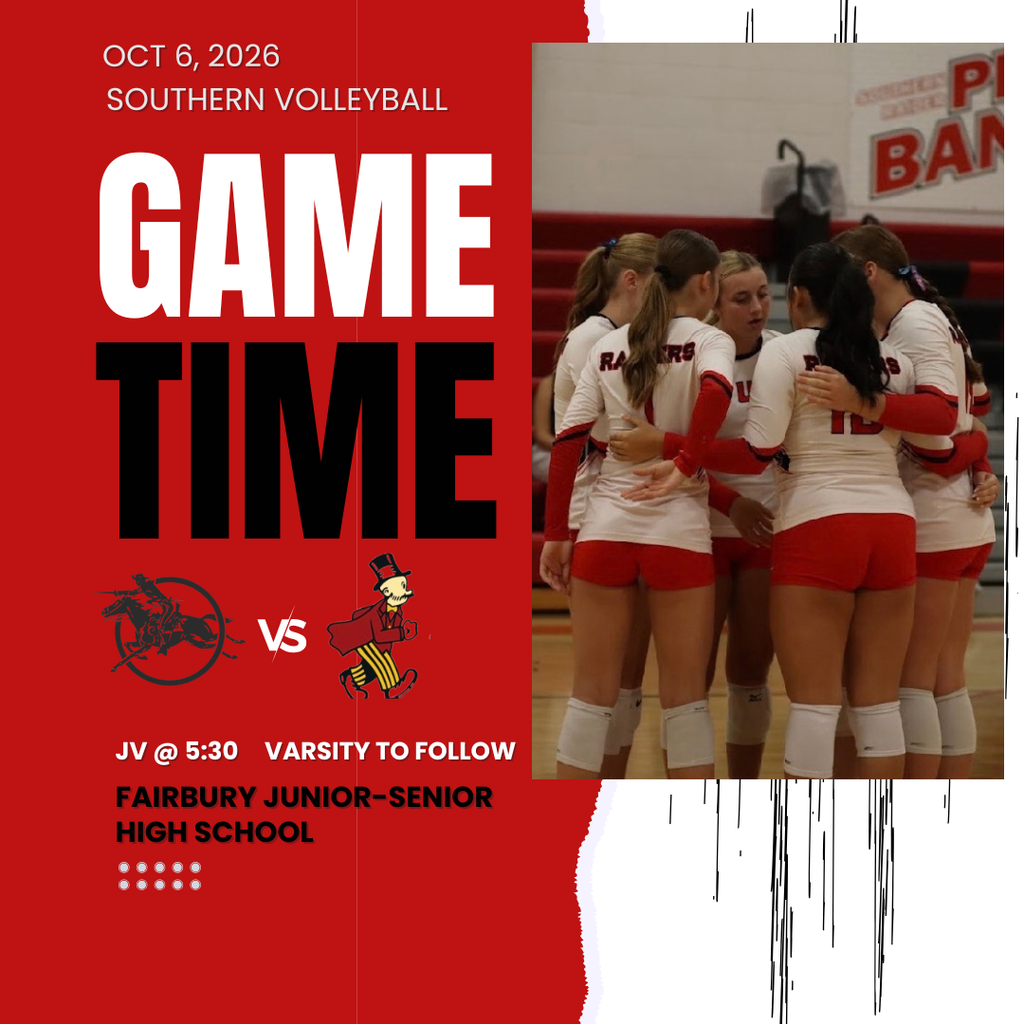Southern Volleyball game day graphic for October 6, 2026. A photo shows the volleyball team huddled together on the court. JV plays at 5:30 PM and varsity at 6:30 PM at Fairbury Junior-Senior High School.