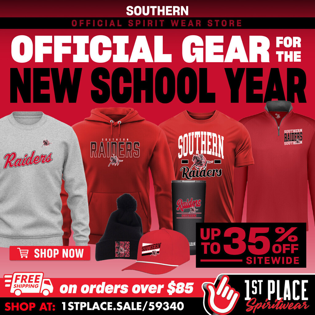 Red, black, and white Southern Raiders spirit wear sale graphic promoting official gear for the new school year. Featured items include sweatshirts, hoodies, T-shirts, quarter-zips, hats, and drinkware. Save up to 35% sitewide, with free shipping on orders over $85. Shop at 1stplace.sale/59340.