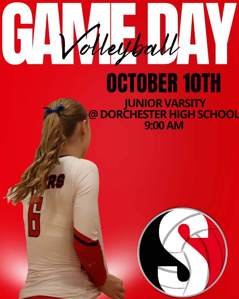 A red and white volleyball game-day graphic featuring a player wearing a white jersey with red sleeves and the number 6, viewed from behind. The design announces a junior varsity volleyball game on October 10th at 9:00 AM at Dorchester High School, with bold “GAME DAY” lettering and a volleyball logo.