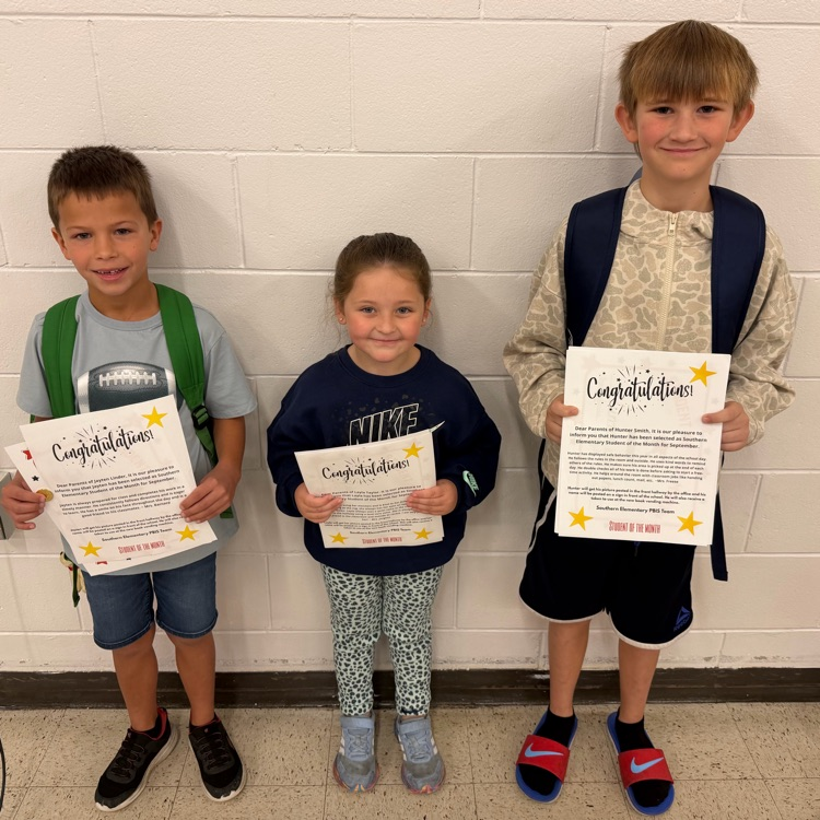 The image shows three students, Jayten, Layla, and Hunter, who earned Southern Students of the Month for September at the elementary  
