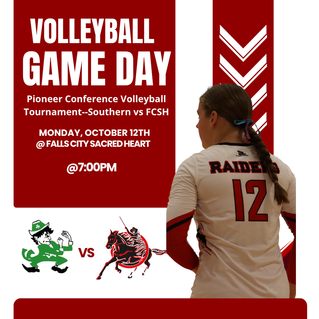 A red, white, and black volleyball game day graphic featuring a Southern Raiders volleyball player wearing jersey #12. The graphic promotes the Pioneer Conference Volleyball Tournament matchup between Southern and Falls City Sacred Heart on Monday, October 12, at 7:00 PM at Falls City Sacred Heart. Team mascots are displayed at the bottom.