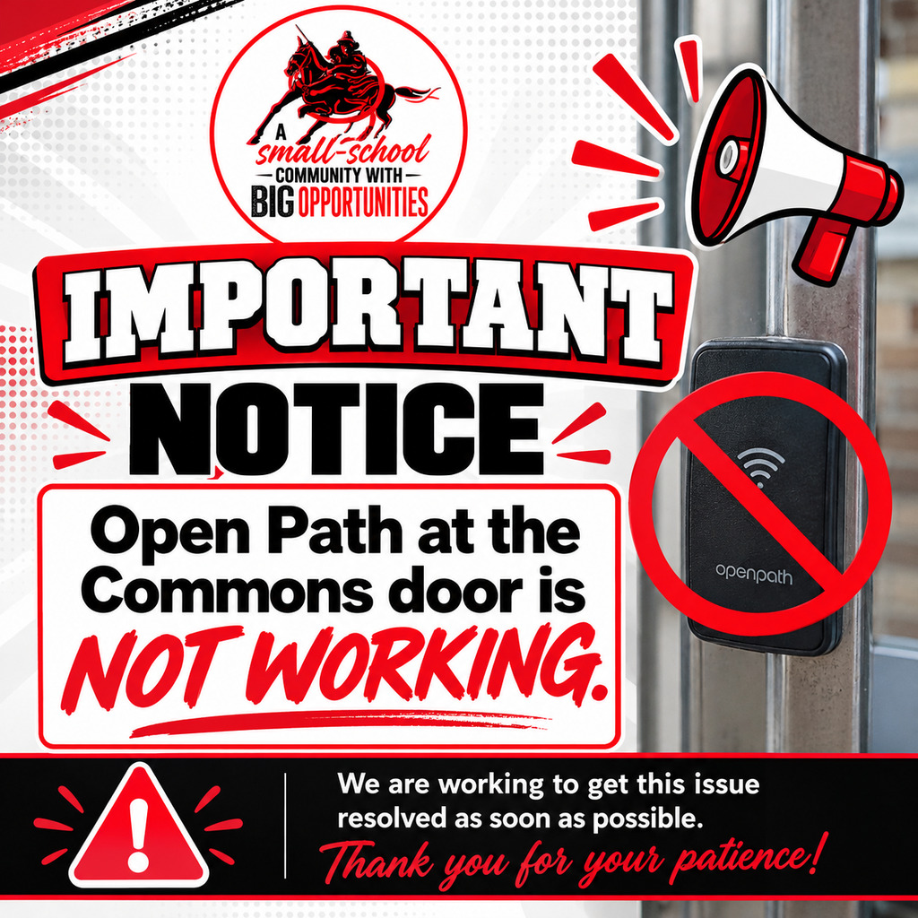 Red, black, and white Southern Public Schools announcement graphic featuring the district logo, a megaphone, and an Open Path door reader with a red prohibition symbol. Large text reads, “IMPORTANT NOTICE: Open Path at the Commons door is NOT WORKING.” The graphic states that the issue is being addressed as soon as possible and thanks everyone for their patience.