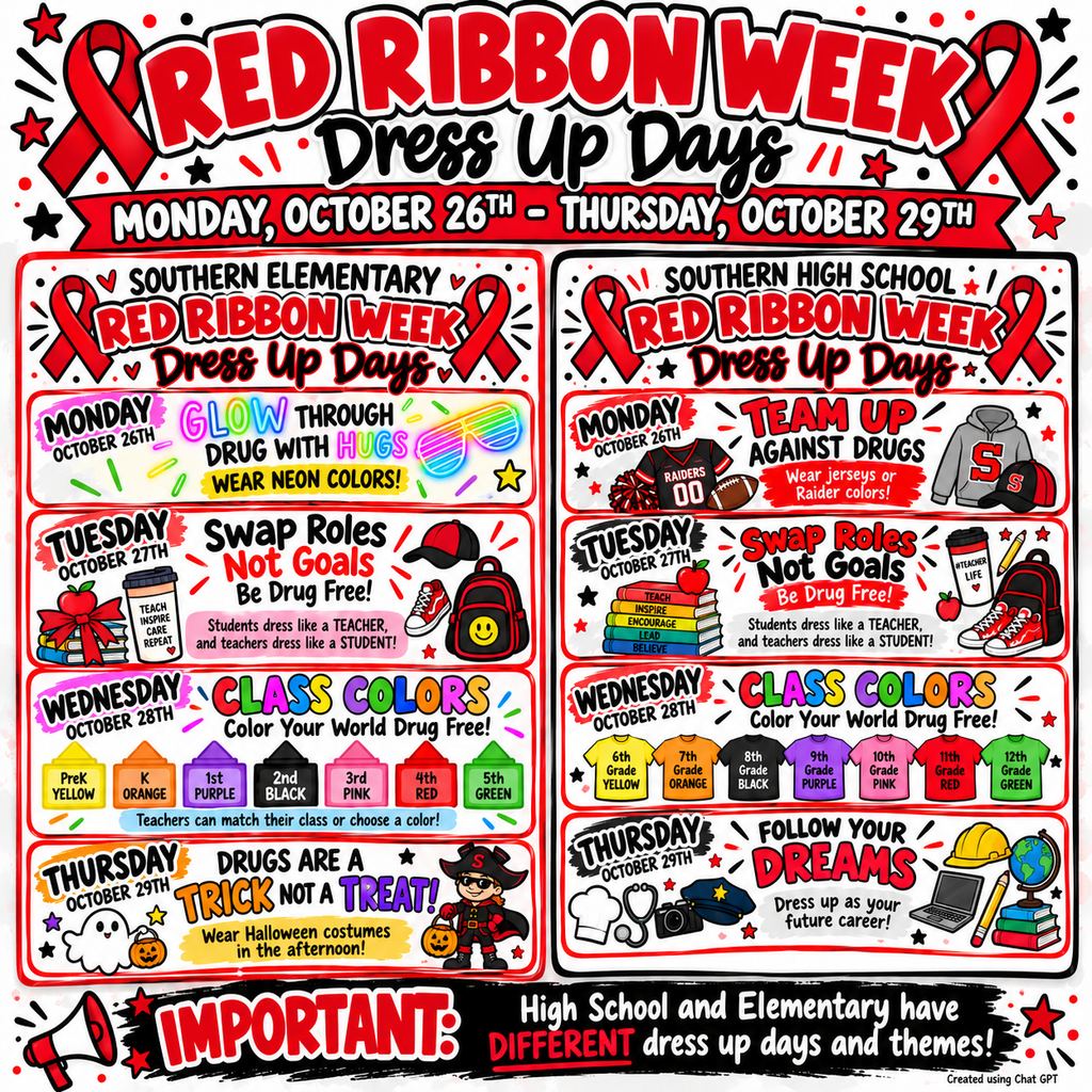 ❤️🖤 SOUTHERN PUBLIC SCHOOLS RED RIBBON WEEK! 🖤❤️ 📅 Monday, October 26th – Thursday, October 29th It's time to celebrate Red Ribbon Week! 🎉 Students and staff are encouraged to participate in our fun dress-up days as we promote healthy choices and a drug-free lifestyle! 🚨 IMPORTANT REMINDER: Southern Elementary and Southern High School have DIFFERENT dress-up themes! Please make sure to check the correct schedule for your child's school! ❤️ SOUTHERN ELEMENTARY (Pre-K–5th) 🌈 Monday: Wear NEON colors! 👩🏫 Tuesday: Students dress like teachers, and teachers dress like students! 🎨 Wednesday: Class Colors Day! Wear your assigned grade-level color! 🎃 Thursday: Wear Halloween costumes in the AFTERNOON! 🖤 SOUTHERN HIGH SCHOOL (6th–12th) 🏈 Monday: Wear sports jerseys or Raider colors! 👩🏫 Tuesday: Students dress like teachers, and teachers dress like students! 🎨 Wednesday: Class Colors Day! Wear your assigned grade-level color! 💼 Thursday: Dress as your future career! 📣 Parents and Guardians: Please refer to the attached flyers for specific class colors and dress-up details for each school. Let's fill our schools with Raider spirit, creativity, and positive choices! ❤️🖤 Be Happy! Be Healthy! Be Drug Free! #SouthernRaiders #RedRibbonWeek #DrugFree #RaiderPride #SouthernPublicSchools