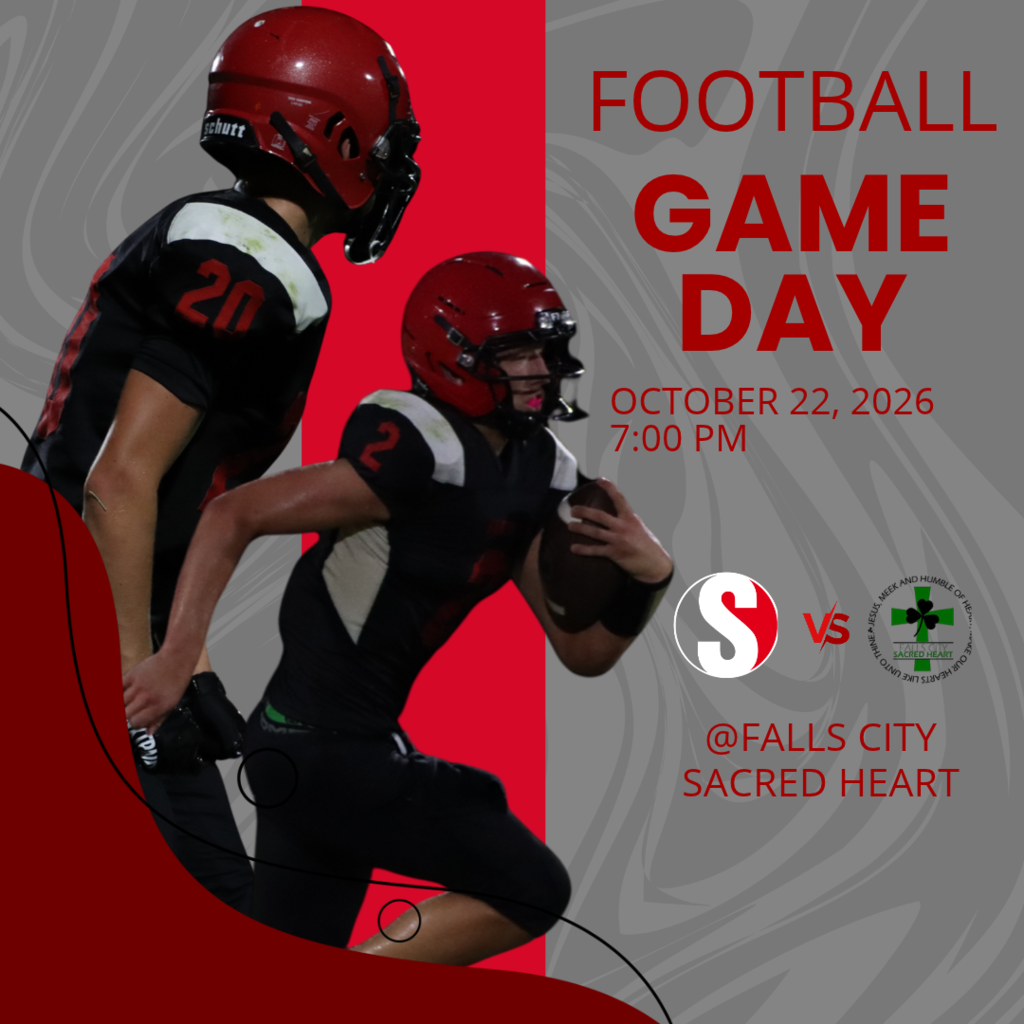 A football game day graphic featuring two players wearing black uniforms with red helmets, one with jersey number 20 and the other with number 2 carrying a football. The design has a bold red, gray, and black color scheme with the headline “Football Game Day.” The game is scheduled for October 22, 2026, at 7:00 PM against Falls City Sacred Heart. Both teams’ logos appear beside the matchup, with @Falls City Sacred Heart displayed below.