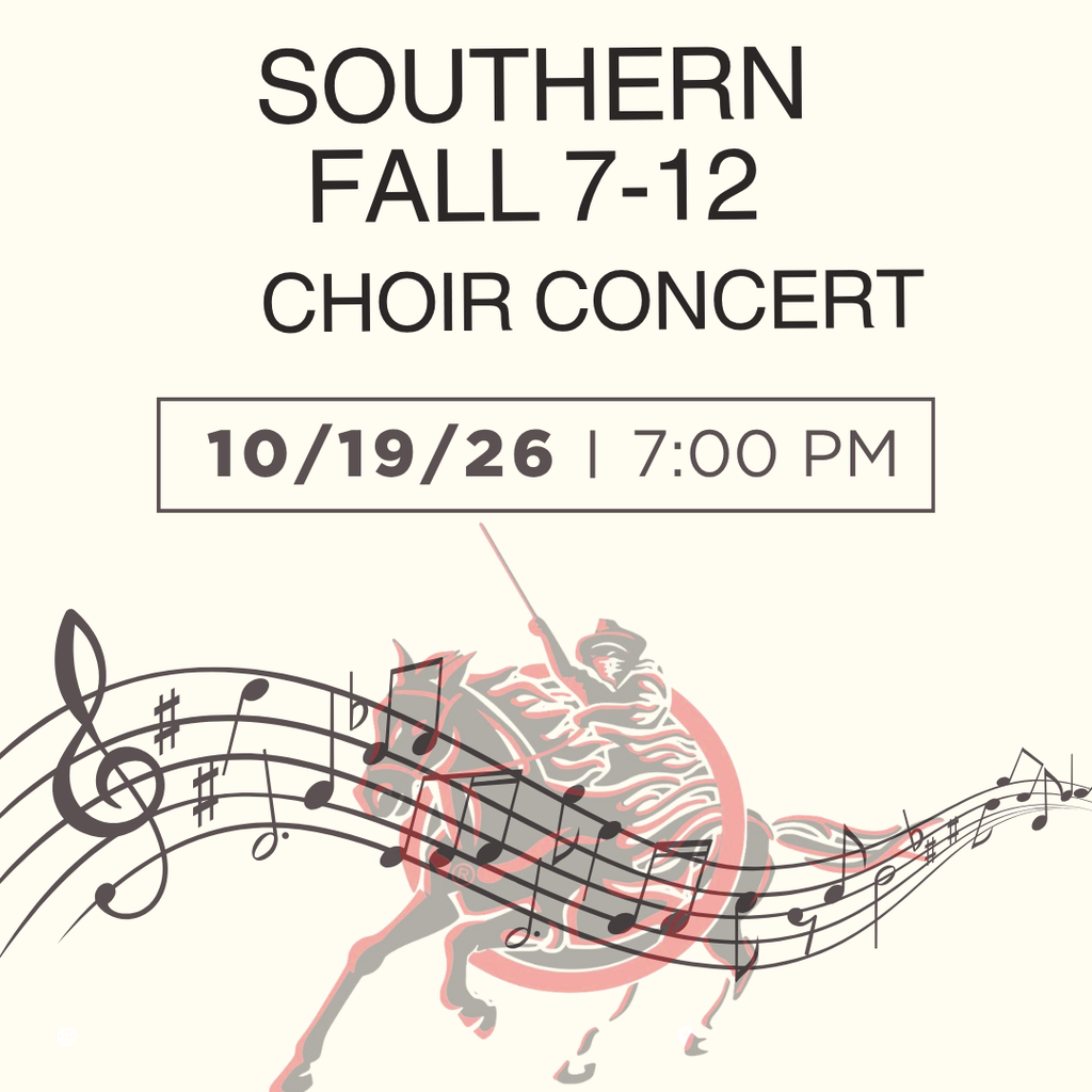 A cream-colored poster advertising the Southern Fall 7–12 Choir Concert on October 19, 2026, at 7:00 PM. The design features musical notes on a staff and a red and gray cowboy riding a bucking horse.