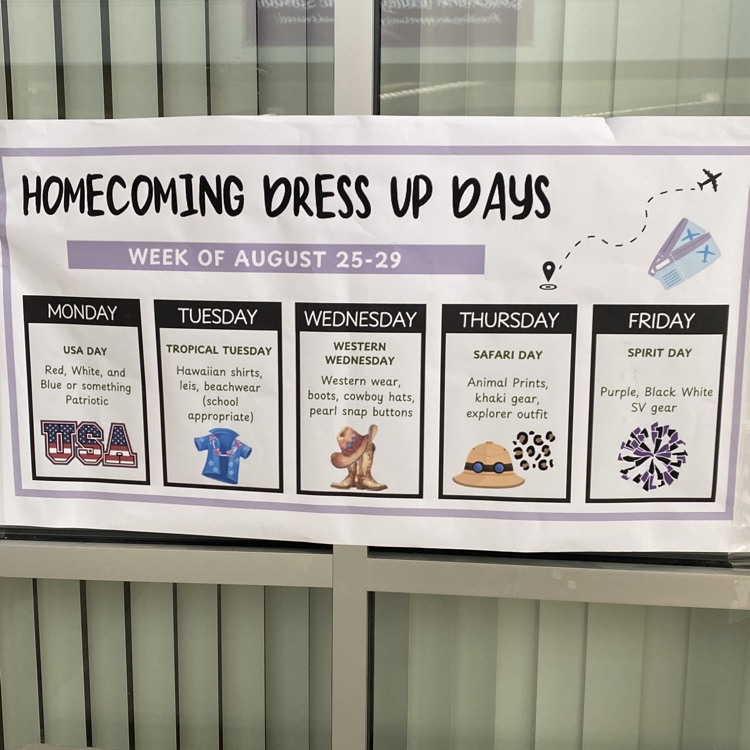 homecoming dress up days. Monday patriotic Tuesday tropical Wednesday western Thursday safari and Friday school spirit