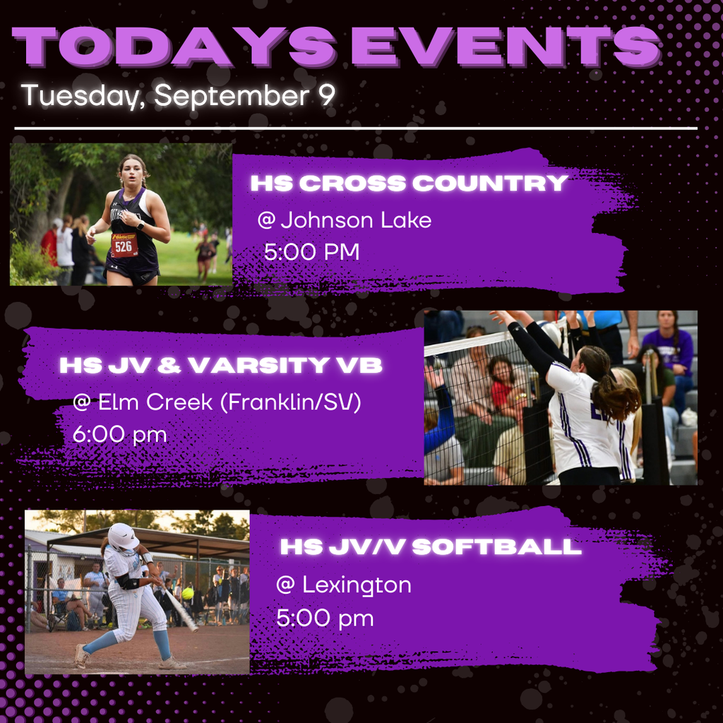Cross Country @ Johnson Lake, Volleyball @ Elm Creek, Softball @ Lexington