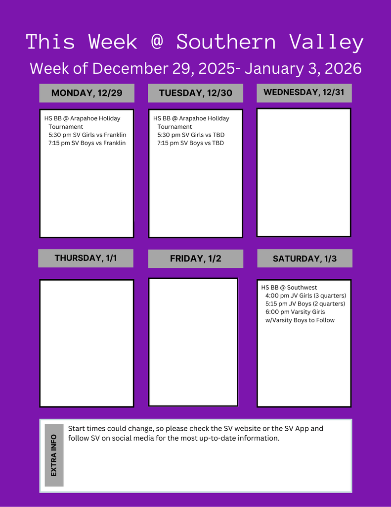 SV Week of Dec 29 - Jan 3 2026