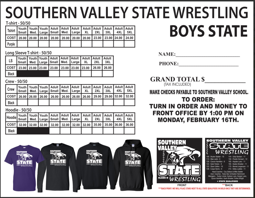 This is the state wrestling shirt order form.  If you want a shirt, print this off and return with money to SV by Monday, Feb 16 @ 1:00 pm.  No late orders accepted.