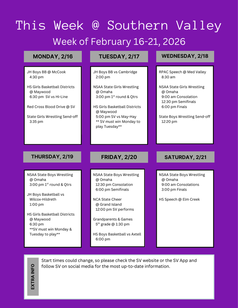 SV week of Feb 16-21 2026 calendar of events that are scheduled as of this post.