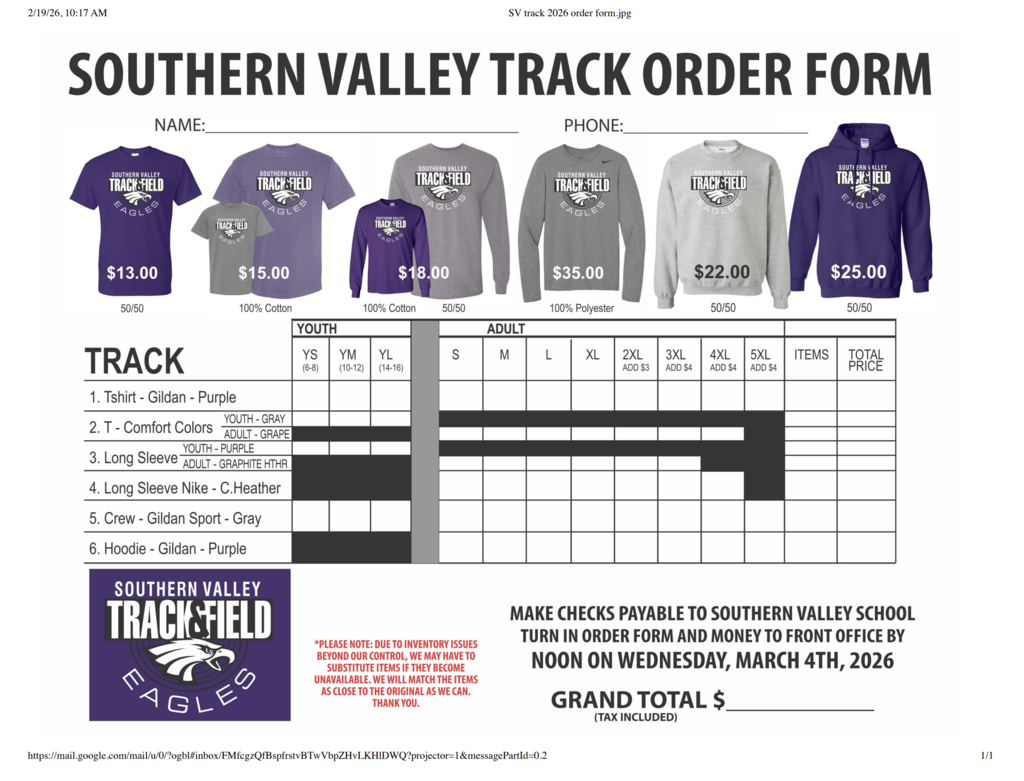 Track 2026 shirt order form. Please check the dates they need to be turned in by.