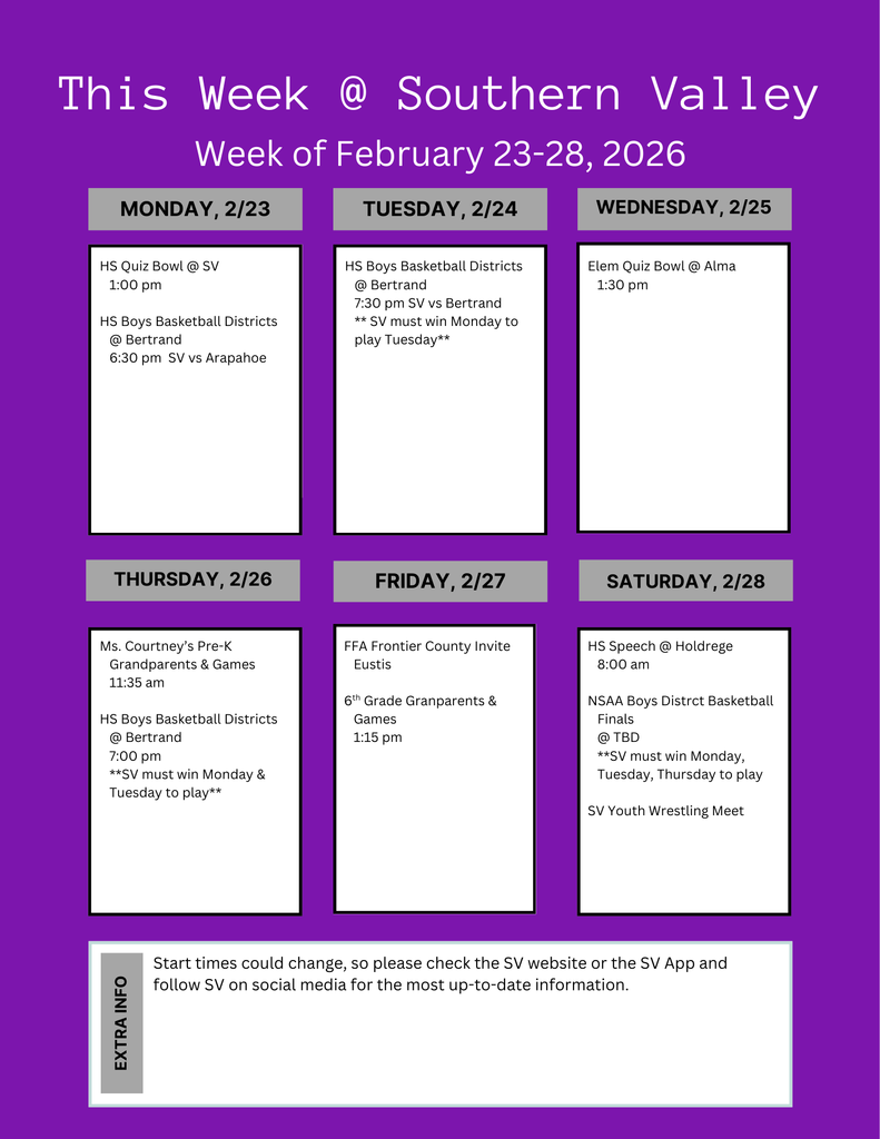 SV weekly activities calendar for the week of February 23-28, 2026.