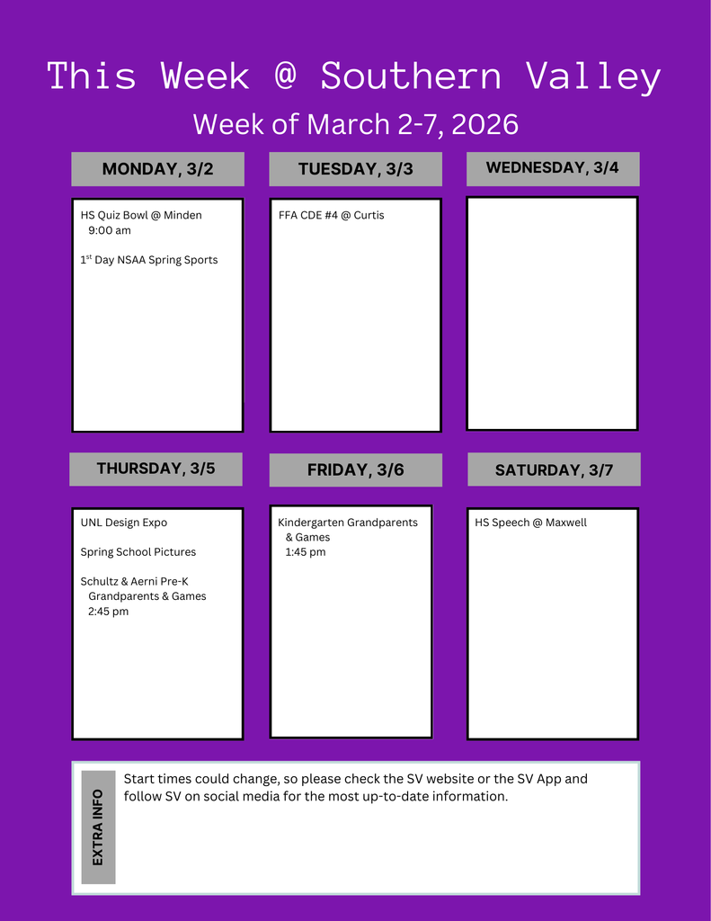 Calendar for what is happening at Southern Valley for the week of March 2-7, 2026.
