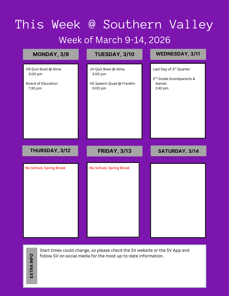 Scheduled activities for the week of March 9-14 2026.