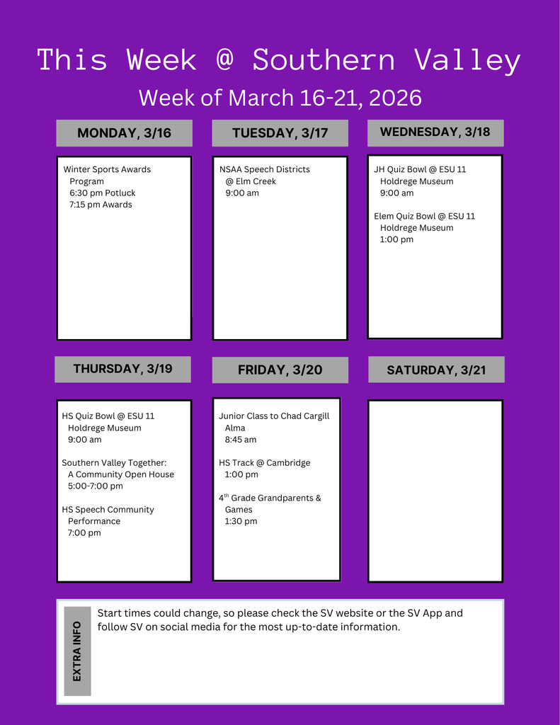 SV week of March 16-21 2026 scheduled activities.