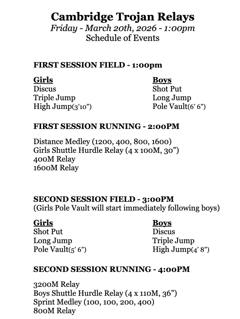 Track order of events for the Cambridge relays this Friday, March 20.