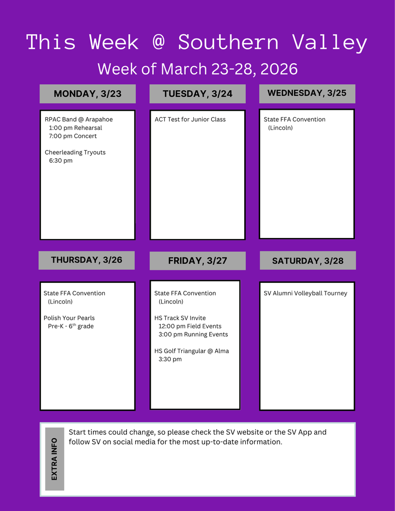 Scheduled activity for Southern Valley Schools the week of March 23-28, 2026.