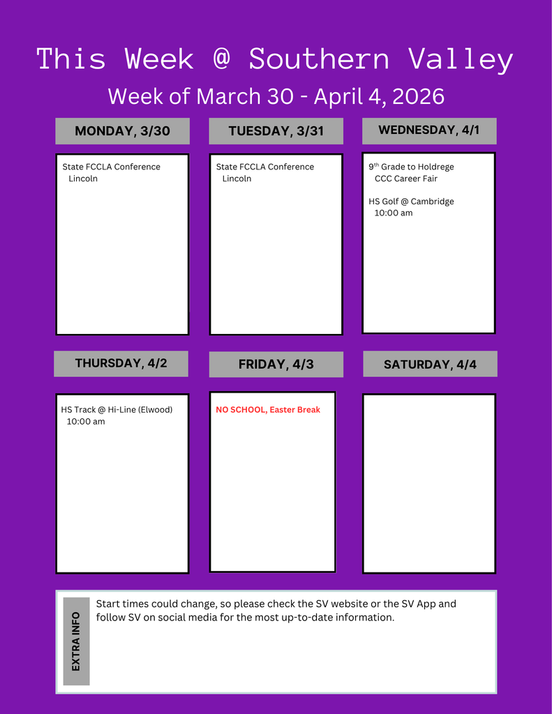 SV week of March 30 to April 4, 2026.