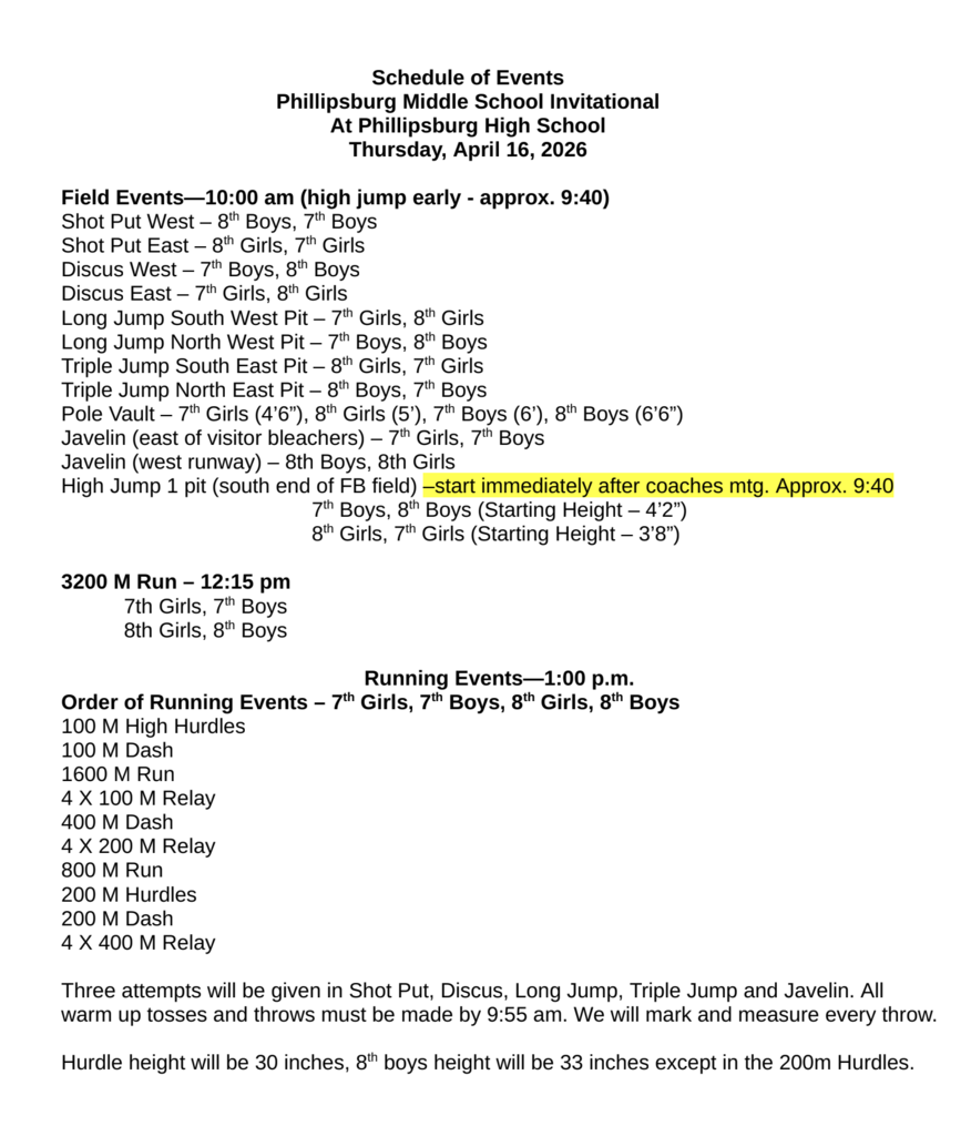 JH Track order of events for Phillipsburg on Thursday,  April 16.