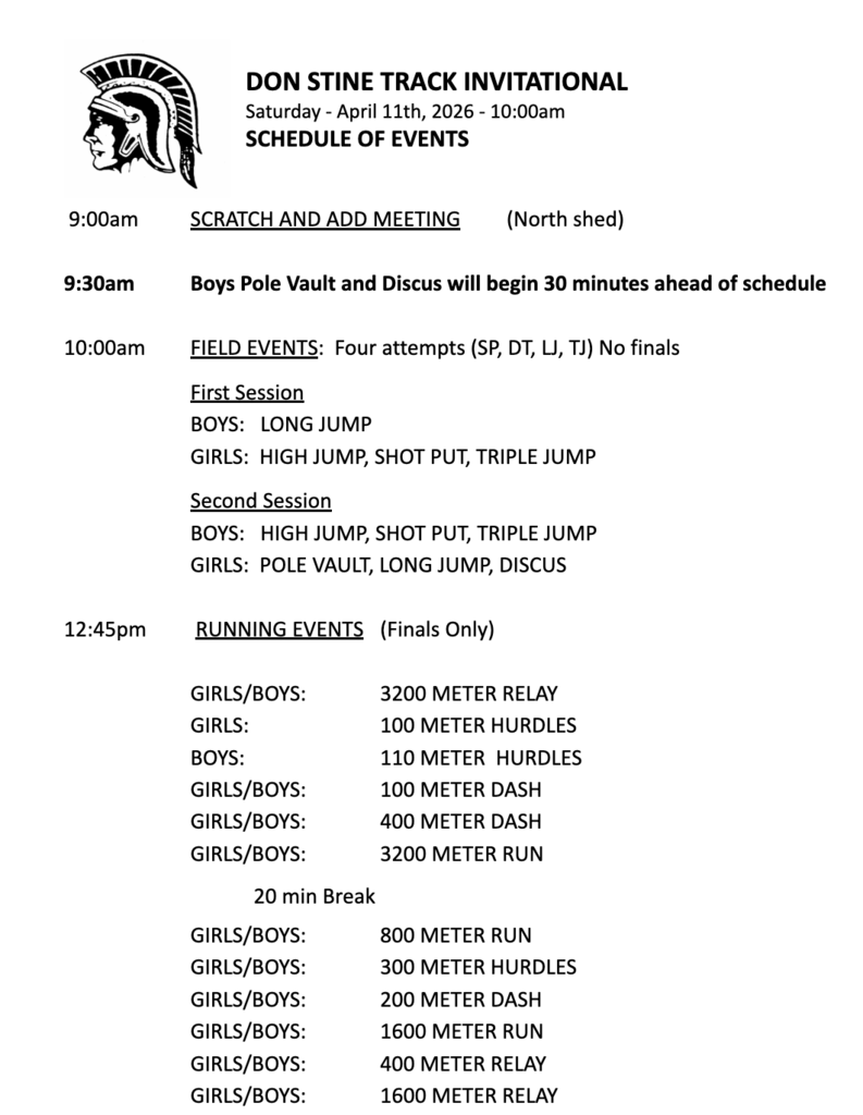 Don Stine HS Track invite, Saturday, April 11 order of events