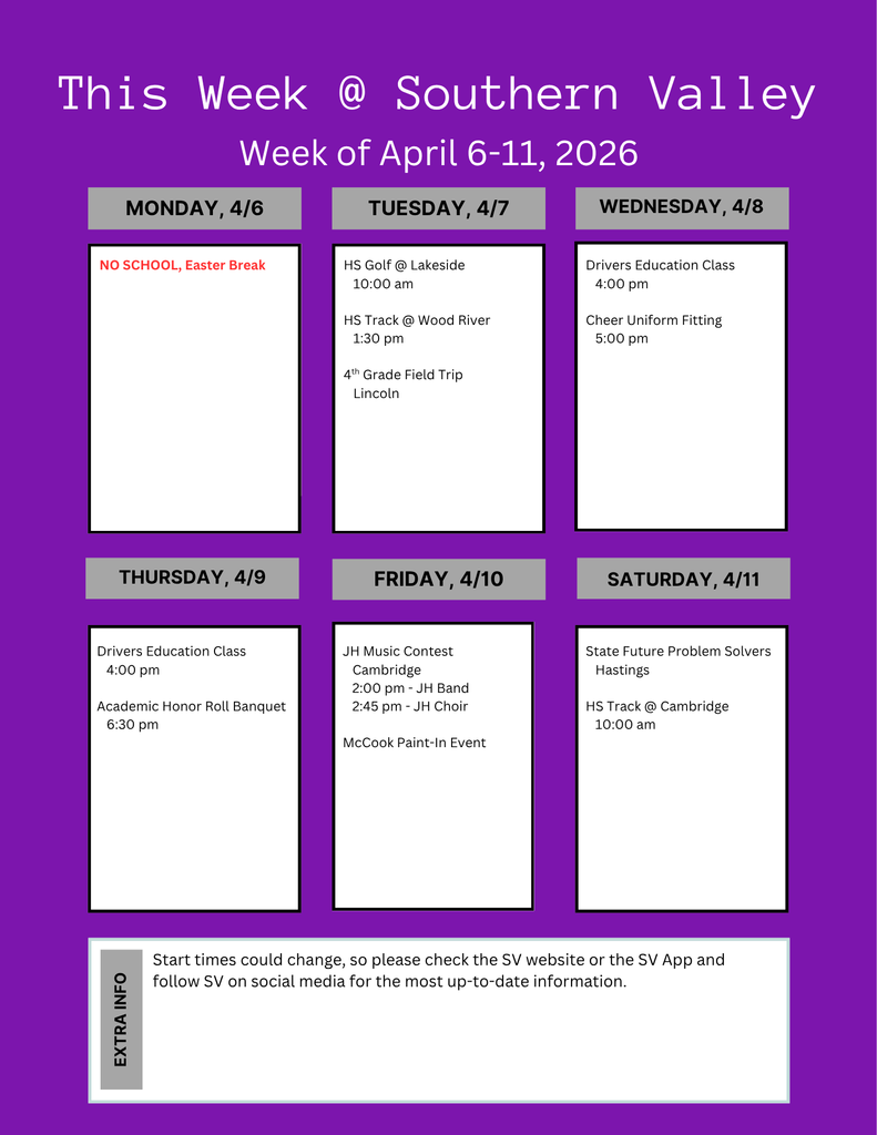 SV week of April 6-11 2026 scheduled activities calendar. 