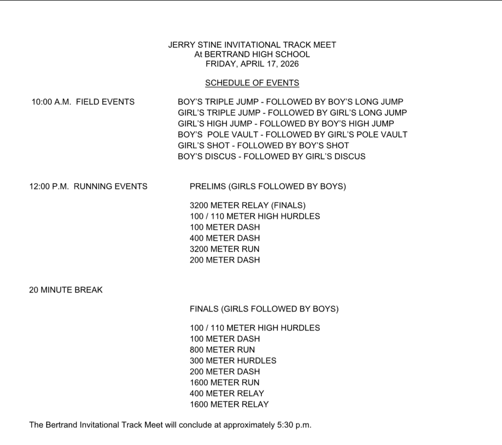 Bertrand HS track order of events 2026