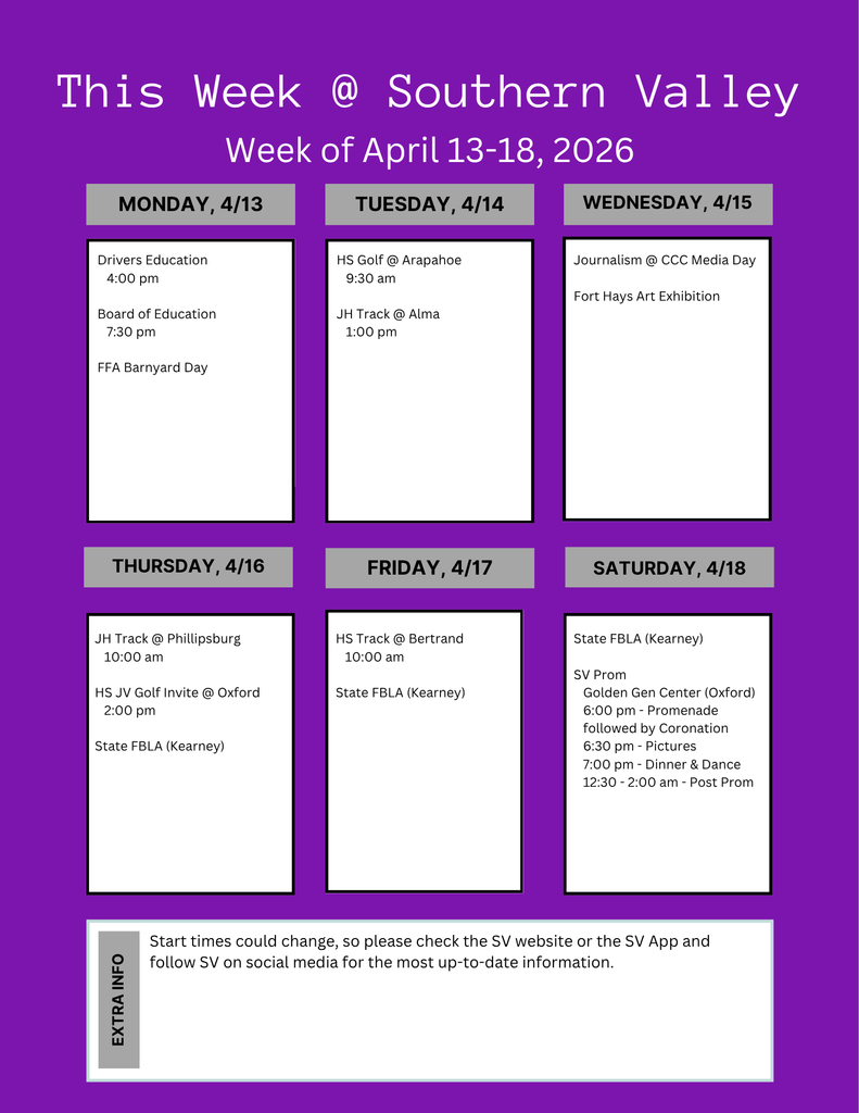 SV week of April 13-18 2026 scheduled activities