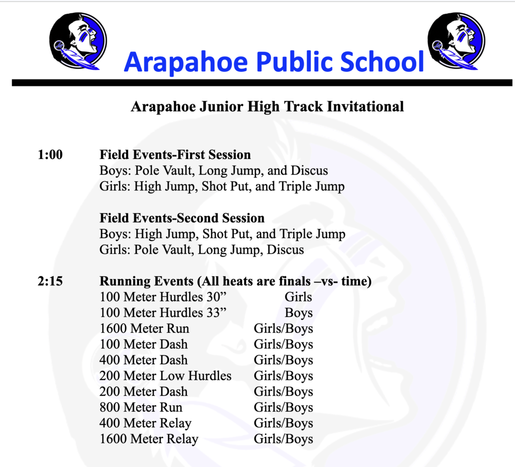 Order of Events, Arapahoe JH Track 2026