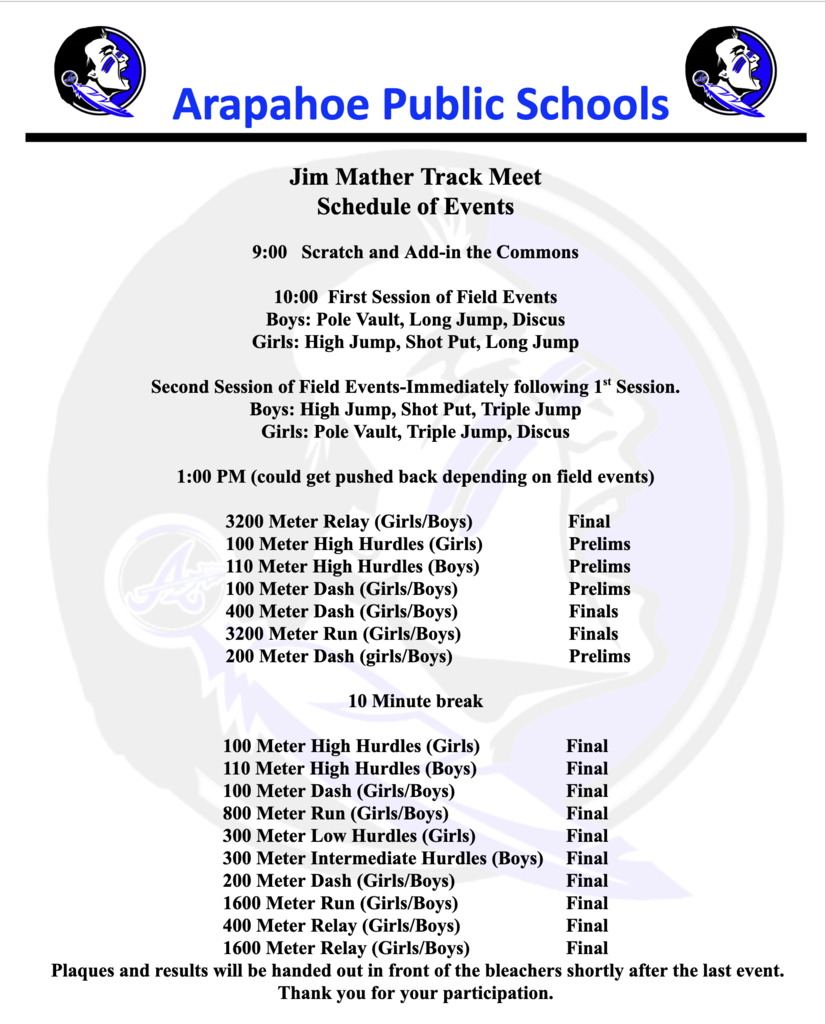 HS Track order of events for Arapahoe Invite 2026