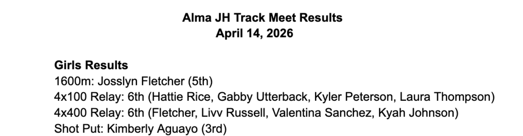 Girls results from Alma