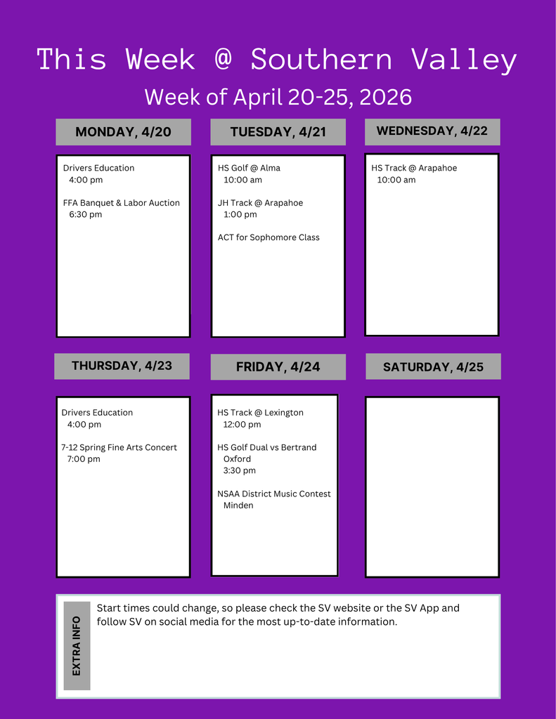 SV week schedule of April 20-25 2026