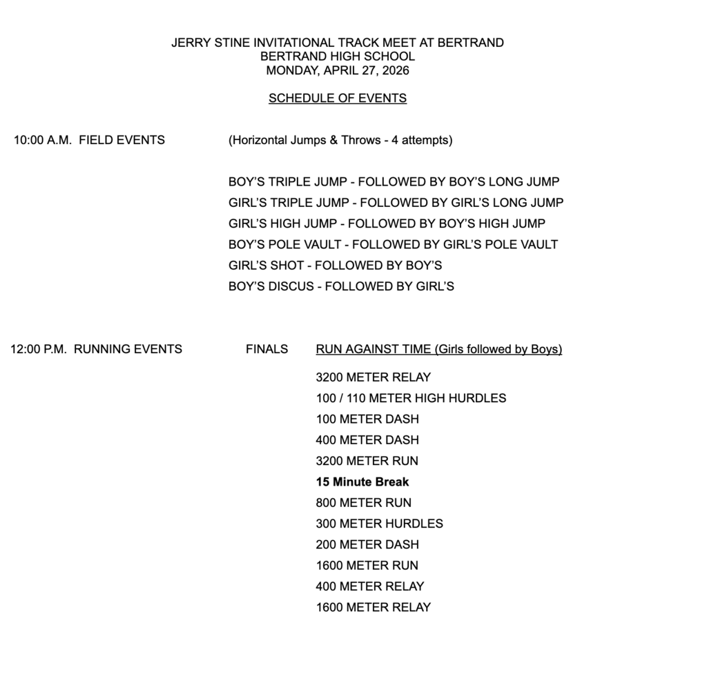 2026 Bertrand HS Track meet schedule of events