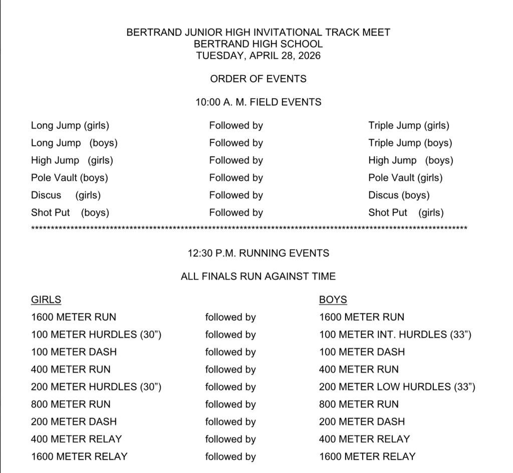 2026 Bertrand JH Track meet order of events