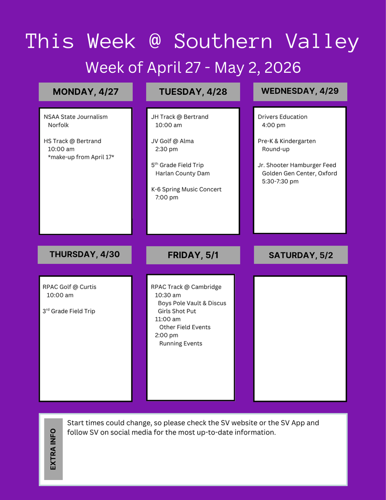 SV week of April 27 to May 2, 2026 for activities.