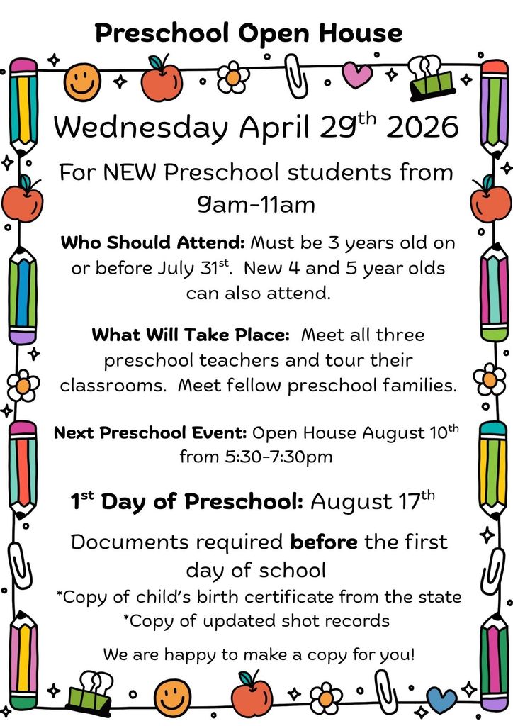 Preschool Open House Wednesday April 29th 9am-11am